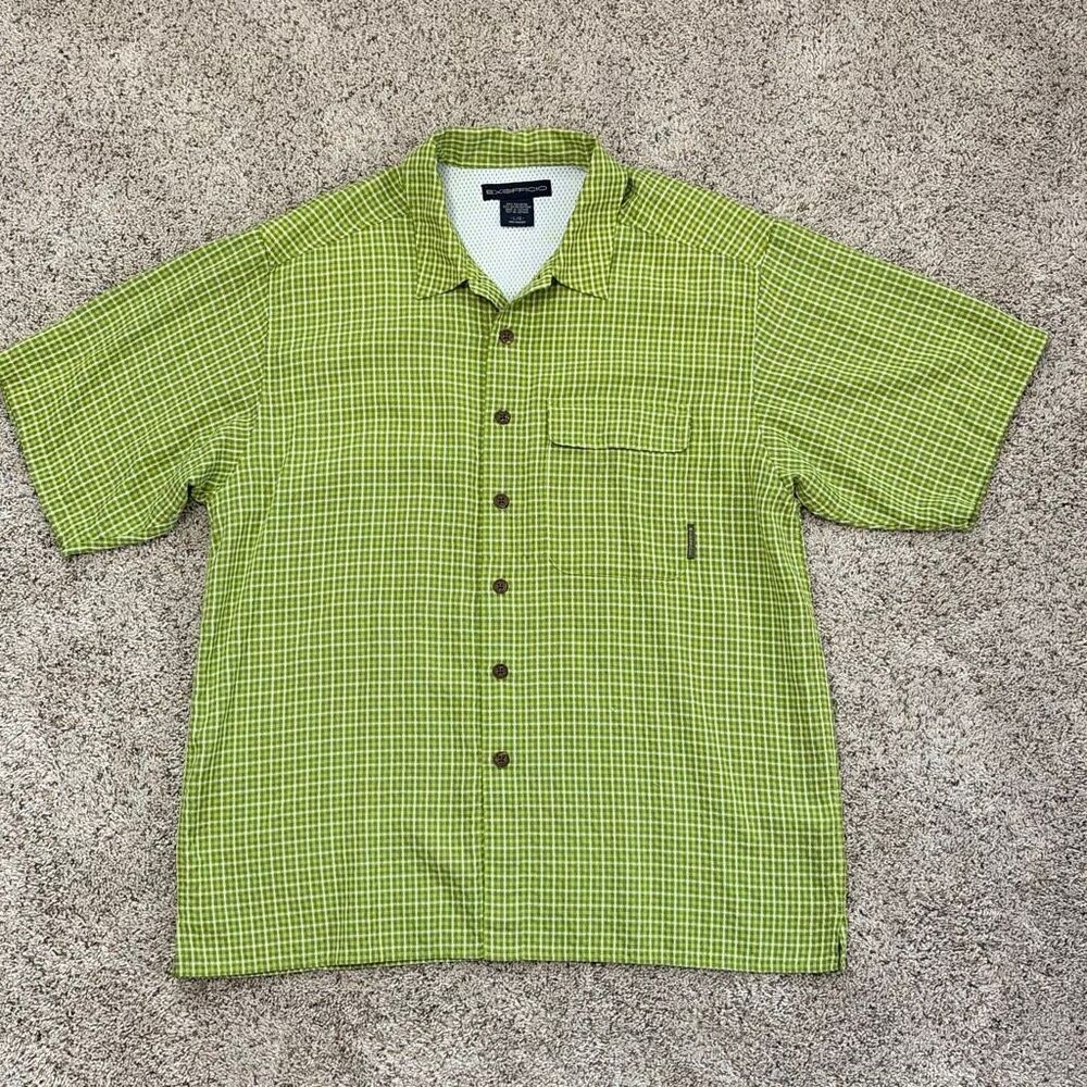 ExOfficio Men’s L Vented‎ Travel Fishing Shirt Green Check Hidden Zip Pocket